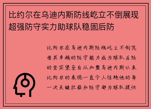 比约尔在乌迪内斯防线屹立不倒展现超强防守实力助球队稳固后防