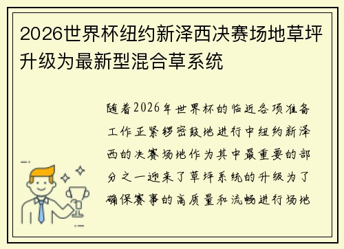 2026世界杯纽约新泽西决赛场地草坪升级为最新型混合草系统