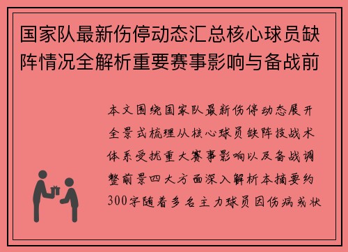 国家队最新伤停动态汇总核心球员缺阵情况全解析重要赛事影响与备战前景